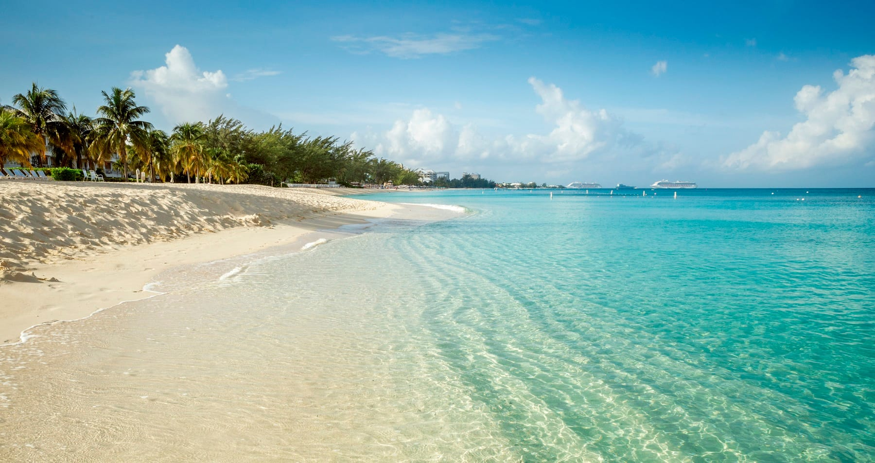Seven Mile Beach, Grand Cayman — powder-white sand, coconut palms and turquoise water with a cruise ship on the horizon